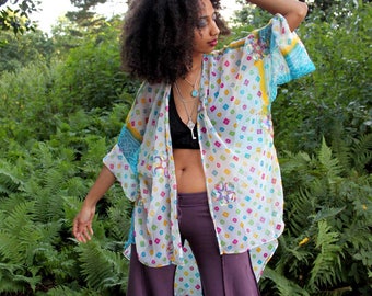 Upcycled Sheer Floaty Boho Beach Kimono with Rainbow Spots