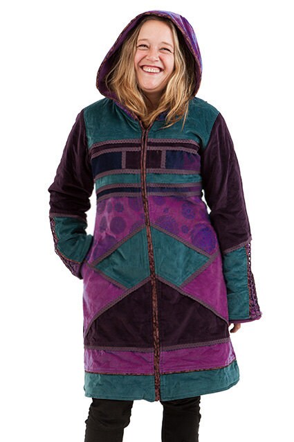 Image of Velvet Mandala Coat, Warm Patchwork Winter Coat, Boho Jacket, Psy Trance Clothing, Purple Pixie Braided Back Top, Plus Size Long Xxl