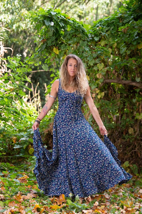 Long Full Boho Maxi Dress in Navy Flowers Etsy