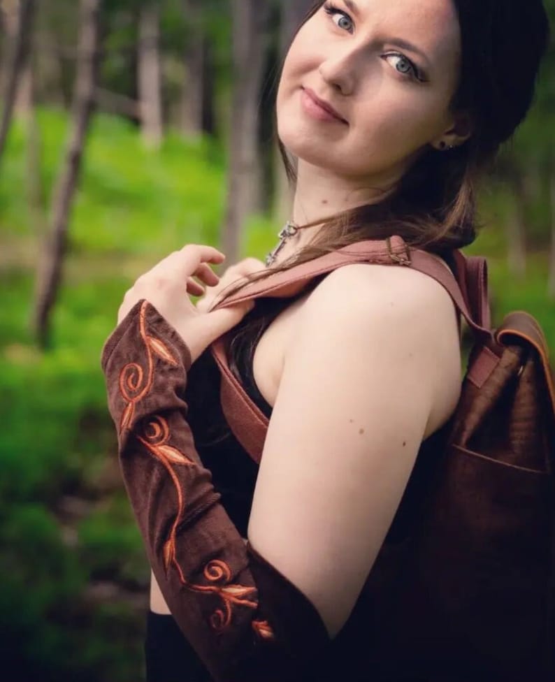 Long Brown Velvet Armwarmers with Embroidered Vines image 1