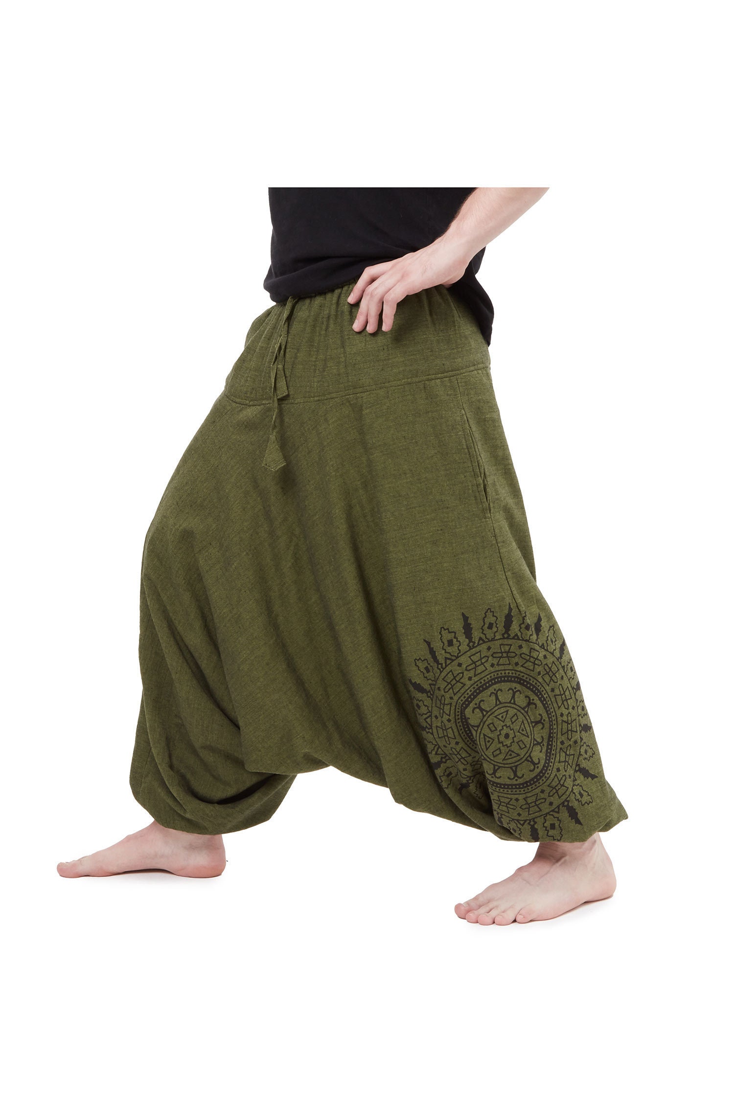 Image of Green Fleece-Lined Harem Pants For Men