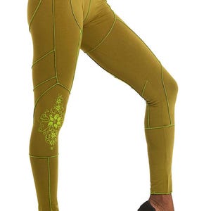 Pixie Leaf Leggings with Neon Overlock, Cyber Psy Trance Leggings, Festival Clothing for Women, Rave Faerie Leggings, Womens Techno Clothing