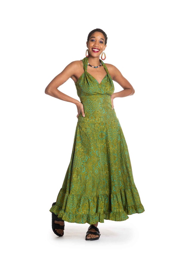 Long Full Boho Maxi Dress in Green - Etsy Singapore