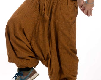 Mens Fleece-Lined Harem Trousers in Chestnut Brown, Winter Ali Baba Trousers, Warm Afghani Pants for Men, Mens Festival Trousers