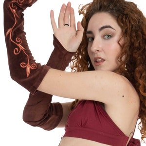 Long Brown Velvet Armwarmers with Embroidered Vines image 3