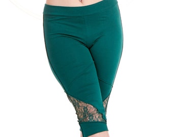 ORGANIC PIXIE LEGGINGS, green pixie leggings, psy trance legging, festival pixie pants, cotton & lace leggings, festival yoga pants (L only)
