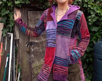 Patchwork Hippy Wintermantel, Warmer Samt Patch Arbeitsmantel, Warme Festival Jacke, Langer Boho Mantel, Hippie Mantel