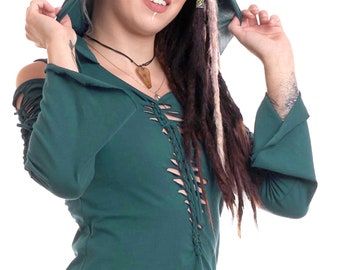 Elven Top in Teal, Pixie Hood Rave Top, Faerie Clothing