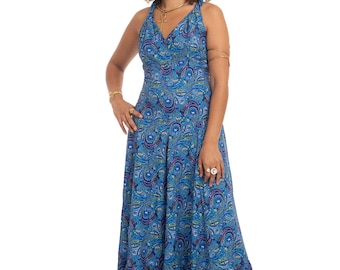 Boho Maxi Summer Dress, Long Floaty Floral Feminine Dress in Blue