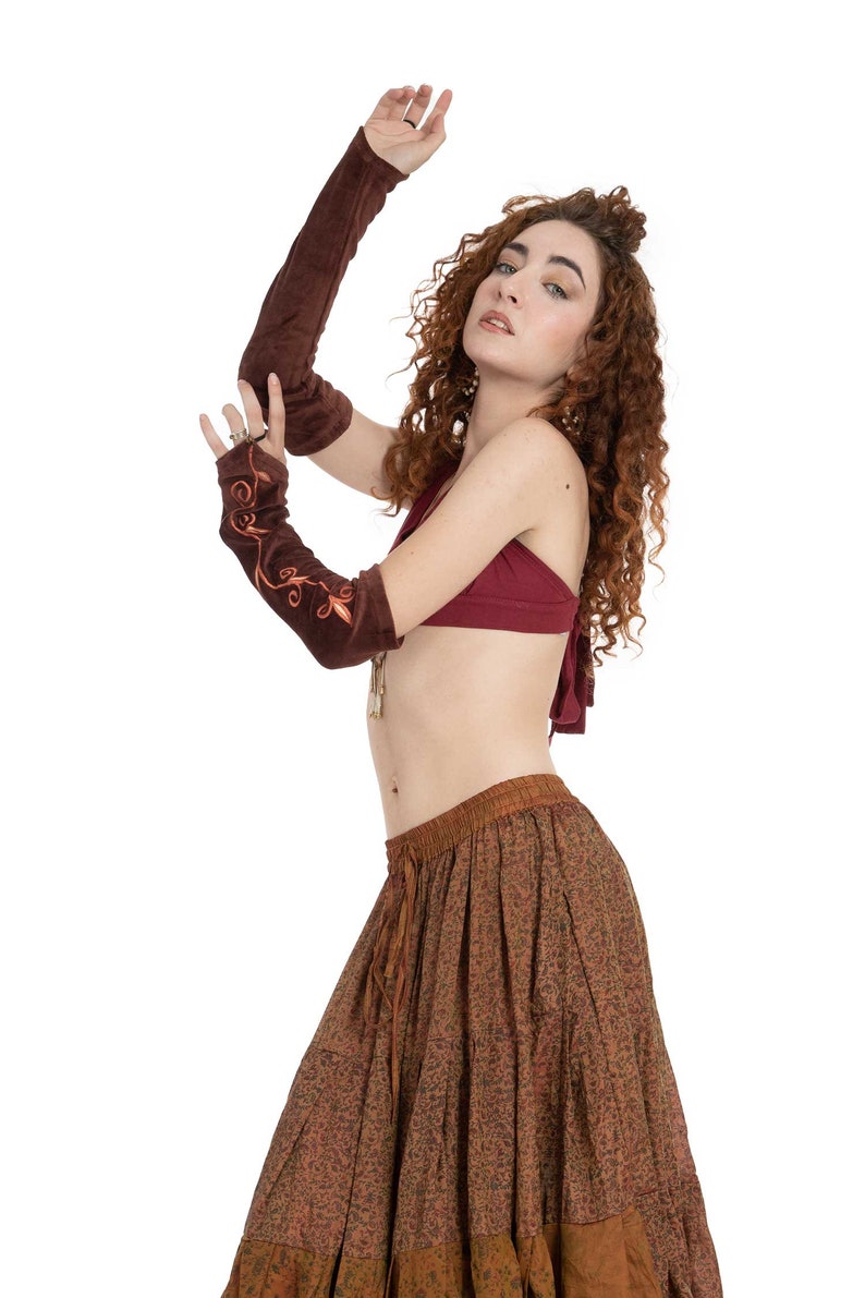 Long Brown Velvet Armwarmers with Embroidered Vines image 5