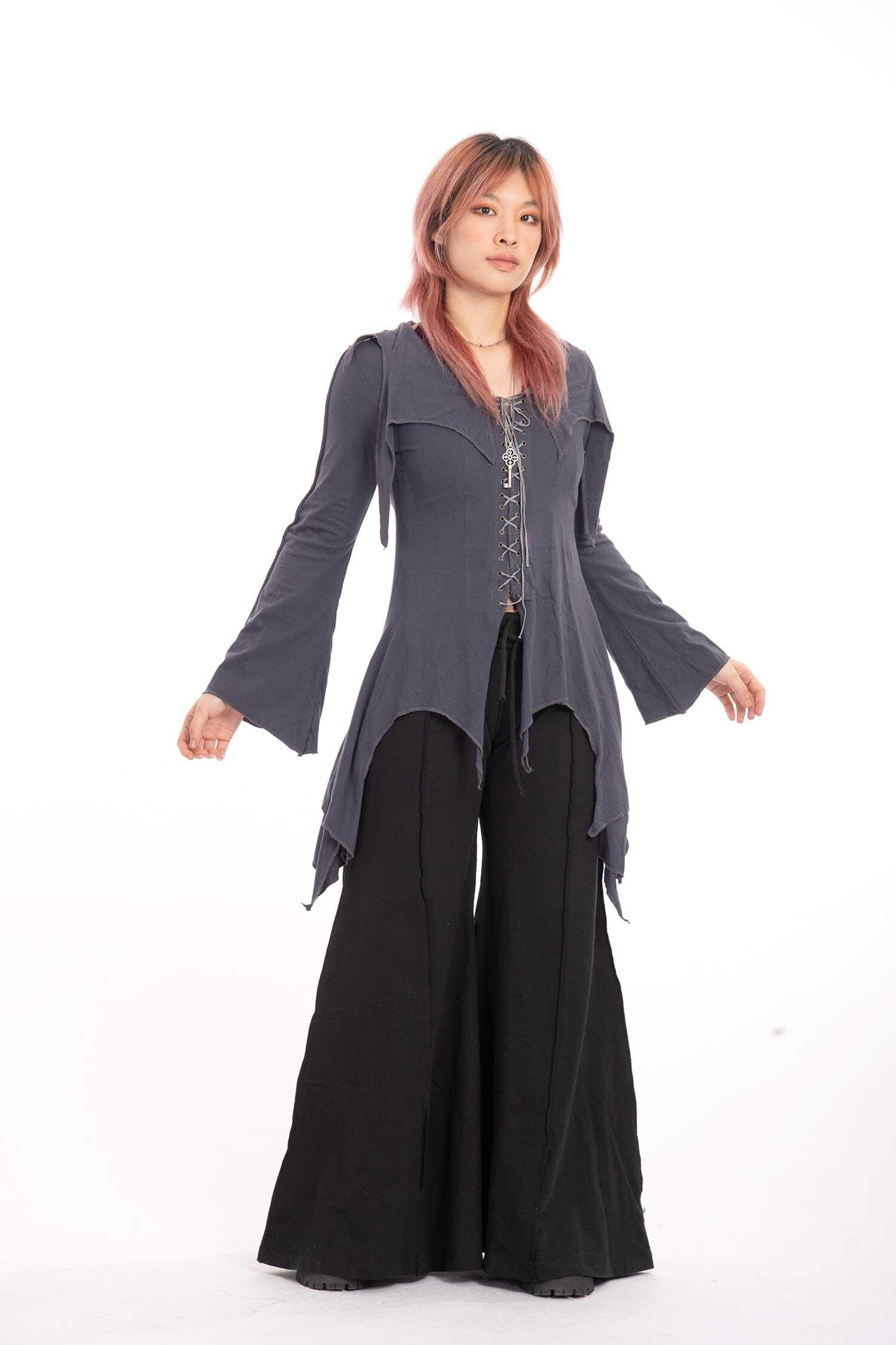Pagan Witchy Dress Top in Grey, Ren Faire Clothing, Pixie Dress, Psy Trance Clothing, Hippy Goth Faerie Fairy Long Flattering Top