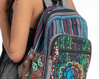 Colorful Woven Backpack Boho Festival Bag Pink Rainbow Striped Travel Backpack Rainbow Stripe Boho Backpack, Fair Trade Woven Gheri Day Bag  main image 2