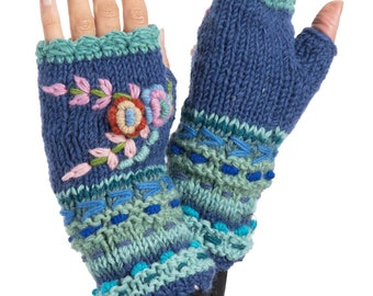 Knitted Real Wool Fleece-lined Blue Fingerless Gloves with Country Style Crochet Flowers