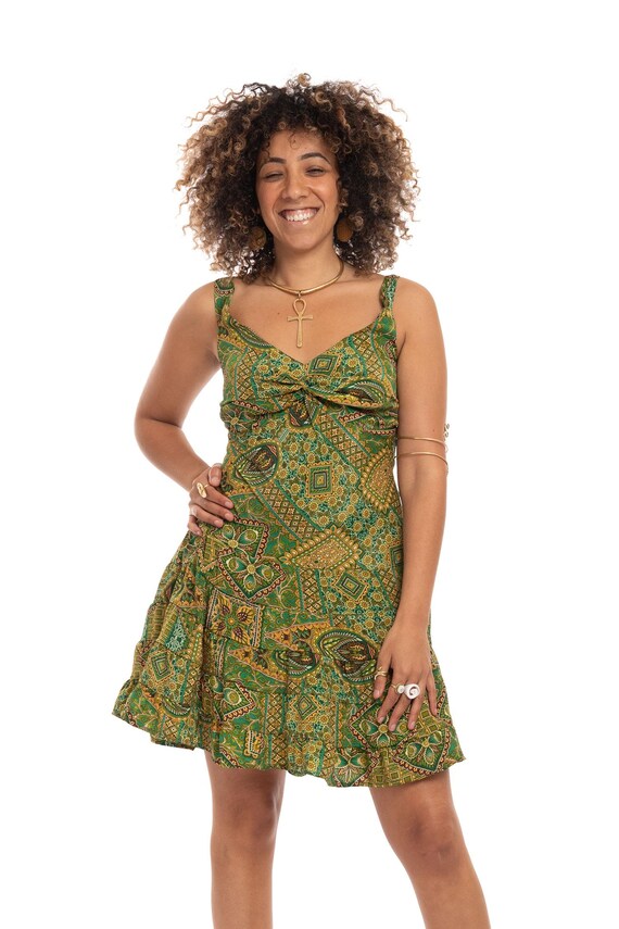 bohemian sleeveless mini dress Floaty Summer Dress, Strappy Mini for Hippie Woman in Paisley Pattern poly synthetic blend Delicate