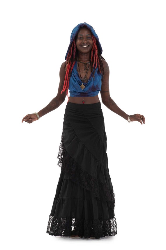 Black Clotton and Lace Boho Wrap Skirt