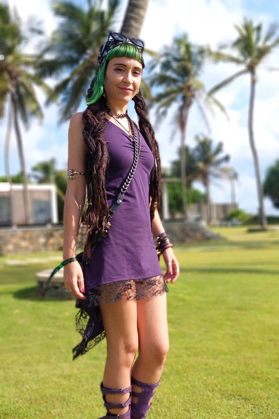 Cotton and Lace High Low Dress in Purple