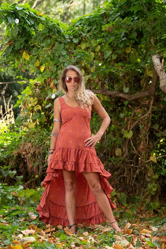 Hoge voorkant Boho Jurk in Oranje Etsy Nederland