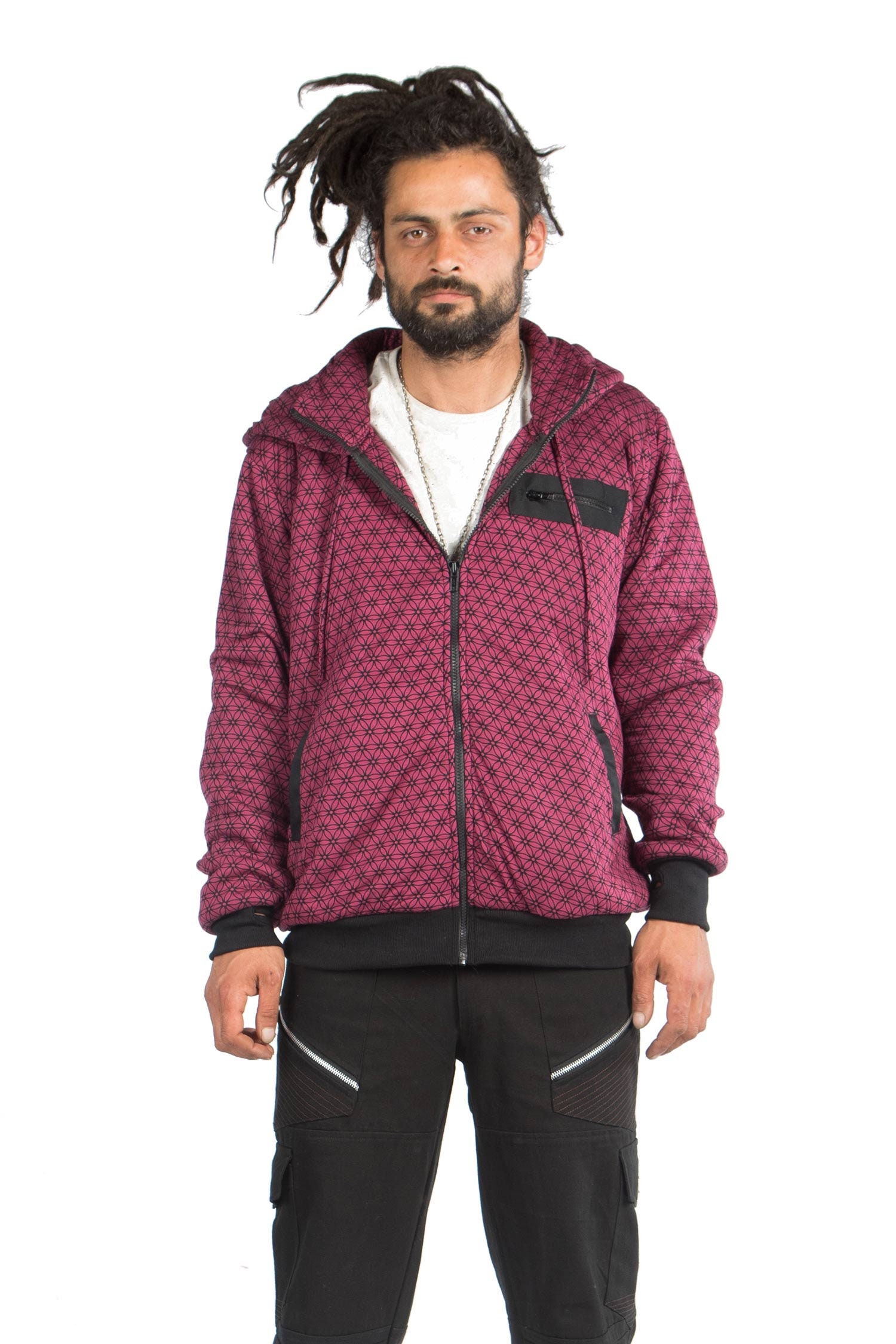 Image of Flower Of Life Hoodie Jacket, Mens Sacred Geometry Clothing, Goa Psytrance Hooded Top, Hippie Hippy Rave Hoody Jumper With Thumb Holes