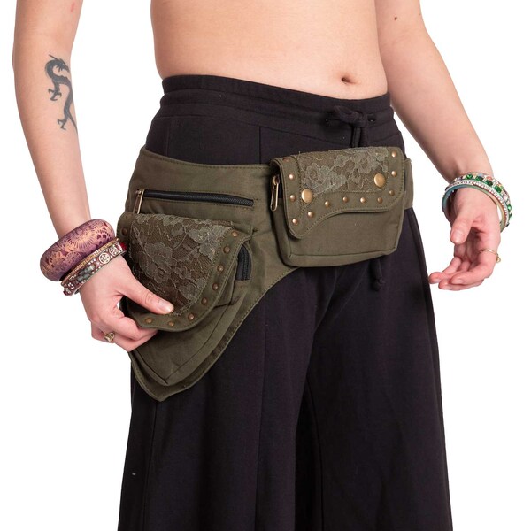 Sturdy Festival Pocket Belt with Lace and Studs in Khaki Green