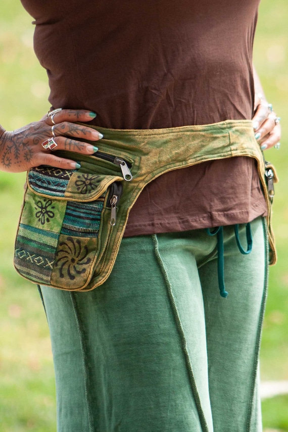 Green Stonewash Patchwork Double Pocket Belt, Hippie Pockebelt