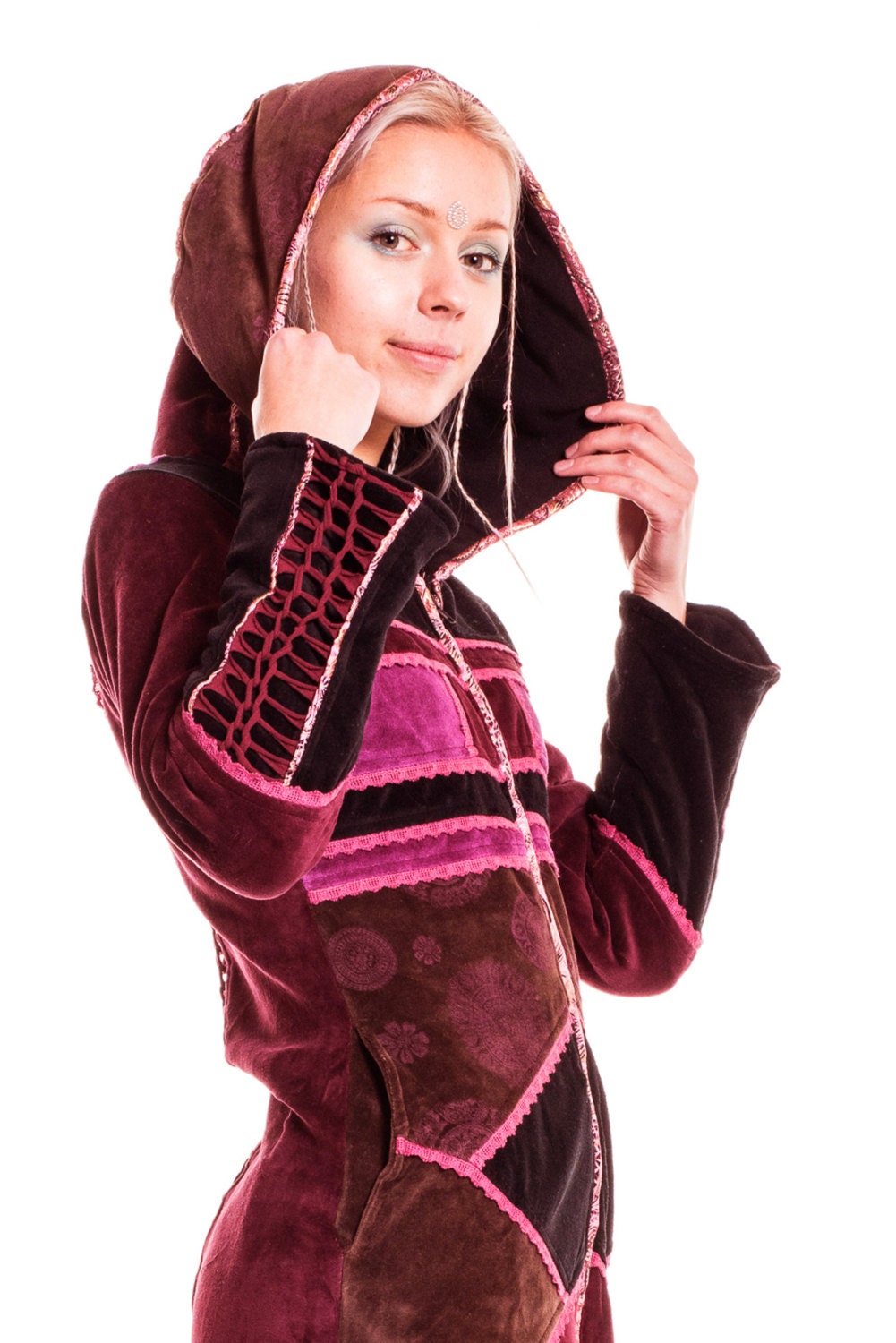 Image of Velvet Mandala Coat, Warm Patchwork Winter Coat, Boho Jacket, Psy Trance Clothing, Pink Pixie Hippy Braided Back Top