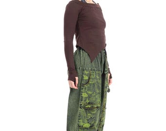 Green Stonewash Jeans for Women, Mushroom Clothing for Woman, Womens Hippie Festival Pants, Green Alternative Jeans, Plus Size Hippy Jeans