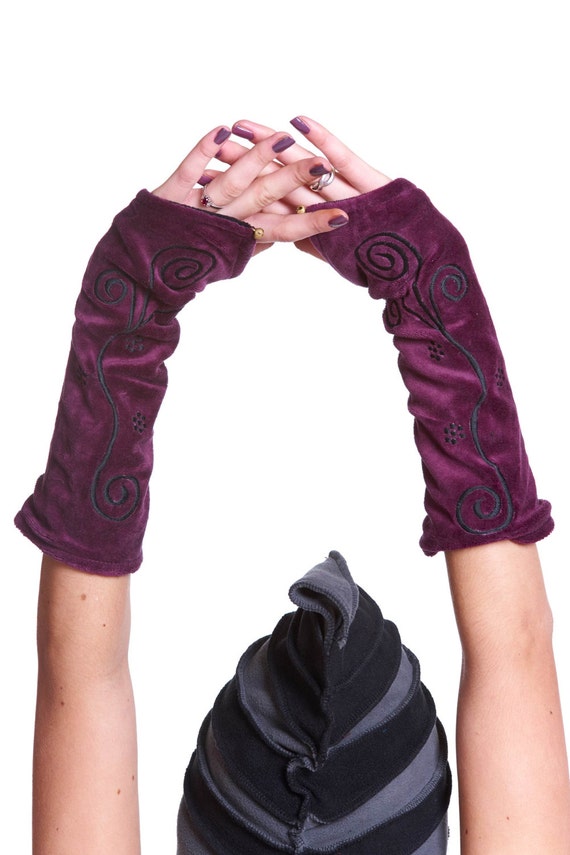 Boho Gloves Fairy Fae Festival Clothing Pixie Wrist Warmers Fae Arm Warmers Hippy Gloves Velvet Armwarmers Psy Trance Clothing