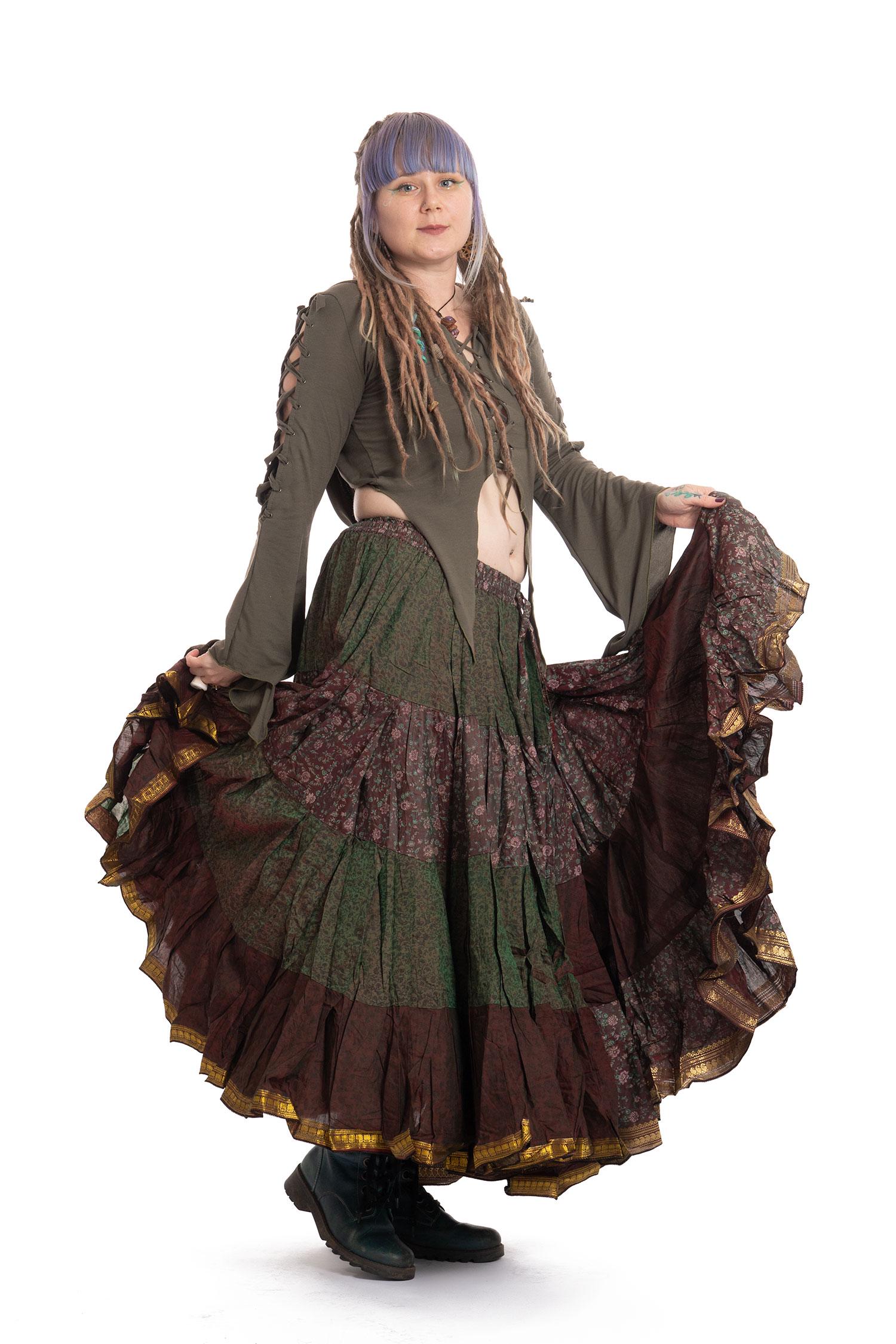 Jupe Longue Gypsy Tribal Dance - Noir à Volants - 100% Coton - Fabriquée En Inde