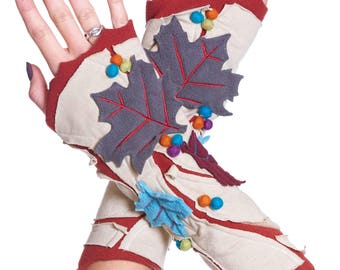 AUTUMN LEAVES ARMWARMERS, felt faerie arm warmers, maple sycamore oak leaf fall pixie gloves, winter fae clothing, psy hippy boho cosplay