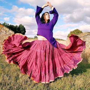 Falda sari larga rosa reciclada de talla grande, falda para danza del vientre de talla grande, falda para danza del vientre ATS, falda bohemia femenina de talla XXL