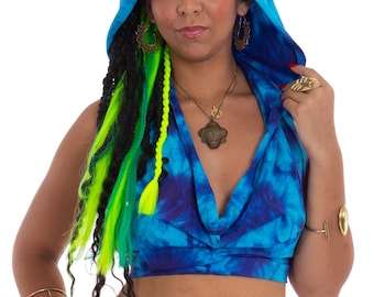 Hooded Backless Cowl Top in Blue Tie Dye, Psytrance Goa Goddess Crop Top with Hood, Raver Belly Top for Women, Rave Hood, Trance Clothing