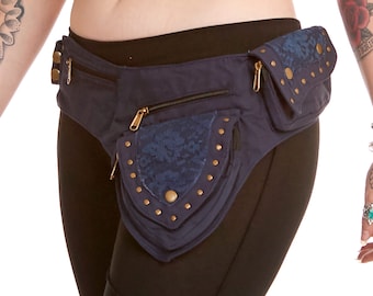 Sturdy Festival Pocket Belt with Lace and Studs in Navy Blue