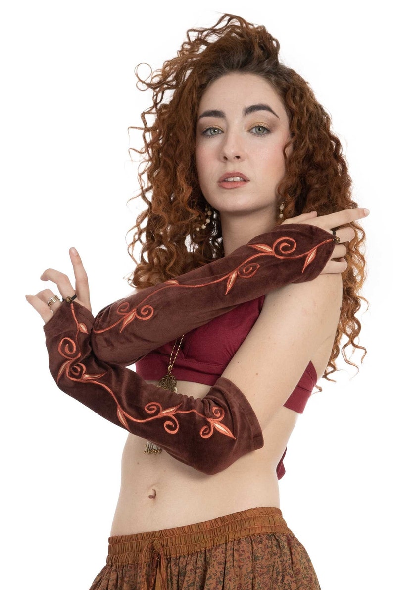 Long Brown Velvet Armwarmers with Embroidered Vines image 2