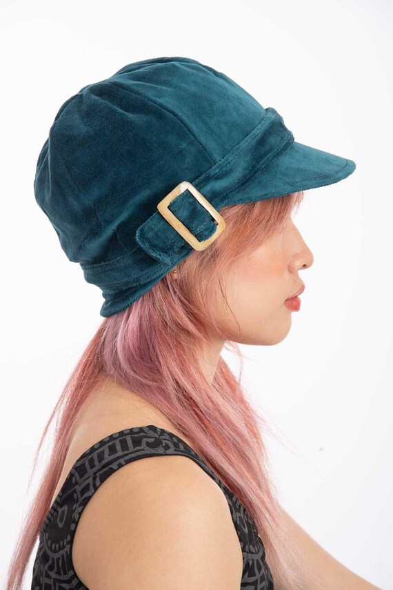 1920s Style Velvet Cloche Hat, Hippie Baker Boy Cap, Teal  display picture 1
