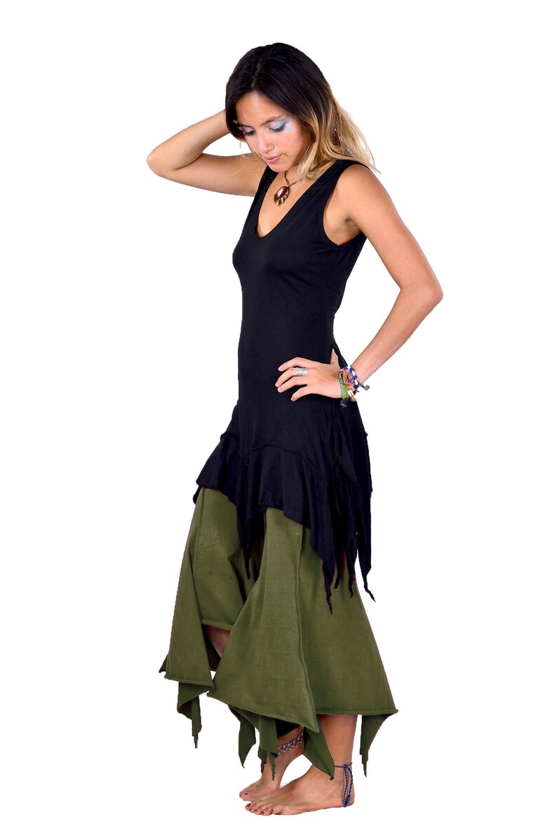 ragged hem psy trance trousers hippy festival Goa doof clothing elf leggings green woodland elven khaki