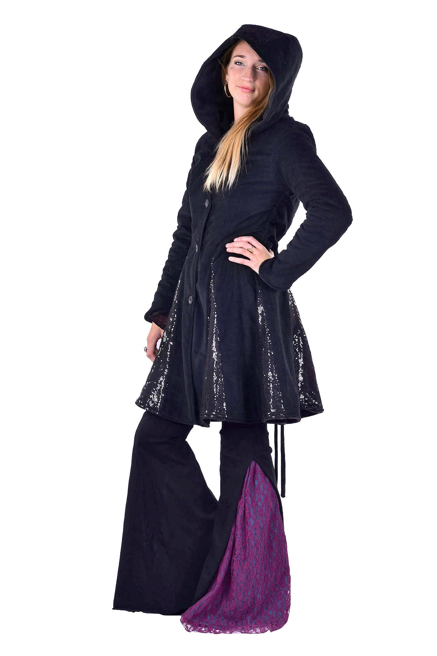 Image of Warm Winter Coat, Sparkly Black Ladies Pixie Coat, Circus Fairy Boho Sequin Gothic Steampunk Hippy Winter Coat