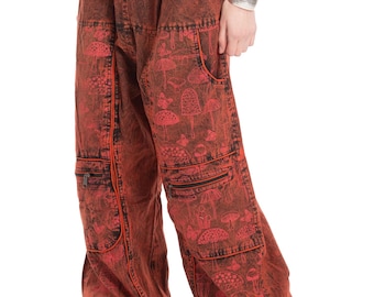 Mushroom Jeans for Women in Orange, Mushroom Clothing for Woman, Womens Hippie Festival Pants, Alternative Jeans, Hippy Jeans