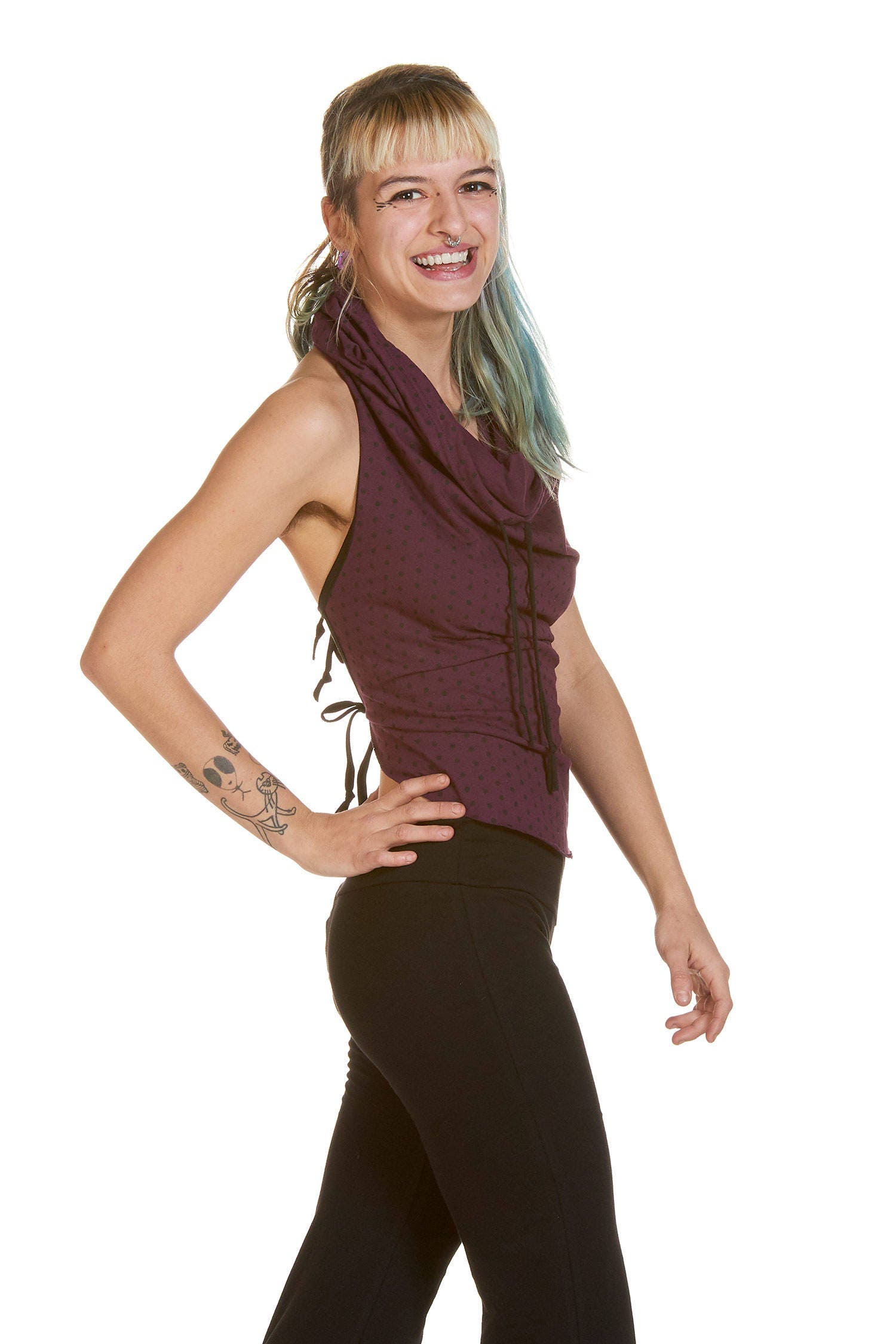 Image of Backless Polkadot Cowl Top, Smart Casual Hippy Eveningwear Cowl Neck Vest Ladies Boho Hood Hippie Festival Clothing