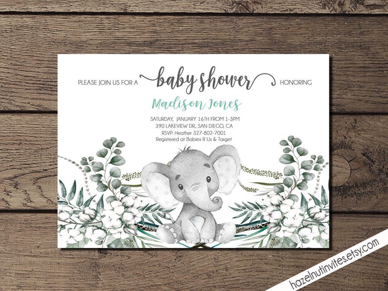 Neutral Baby Shower Invite, Elephant Baby Shower Invitation, Safari baby shower, jungle invite _2029 