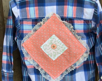 Boho button down top for unique up cycled cotton blouse