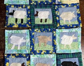 Sheep mug rugs folk art sheep coasters made from up cycled fabrics