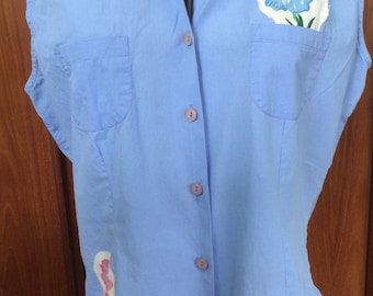 Boho Sleeveless blouse with vintage floral fabric appliqué