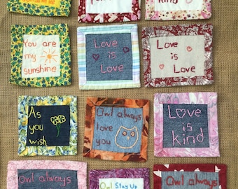 Love themed mug rug for your partner hand embroidered  made from up cycled fabrics