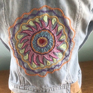 Hand embroidered mandala jean jacket boho denim distressed denim up cycled size small