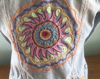 Hand embroidered mandala jean jacket boho denim distressed denim up cycled size small