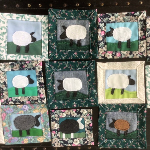 Sheep mug rugs folk art sheep coasters made from up cycled fabrics