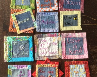mug rug  hand embroidered up cycled fabrics