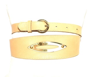 Vintage Tan V Belt Soft Leather Waist Belt with Gold Metal Detail S/M