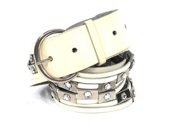 Vintage Off White Split Leather with Metal and Crystals M/L