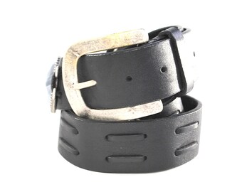 Vintage Belt by Leatherock Black Band with Gray Stone  Detail Large